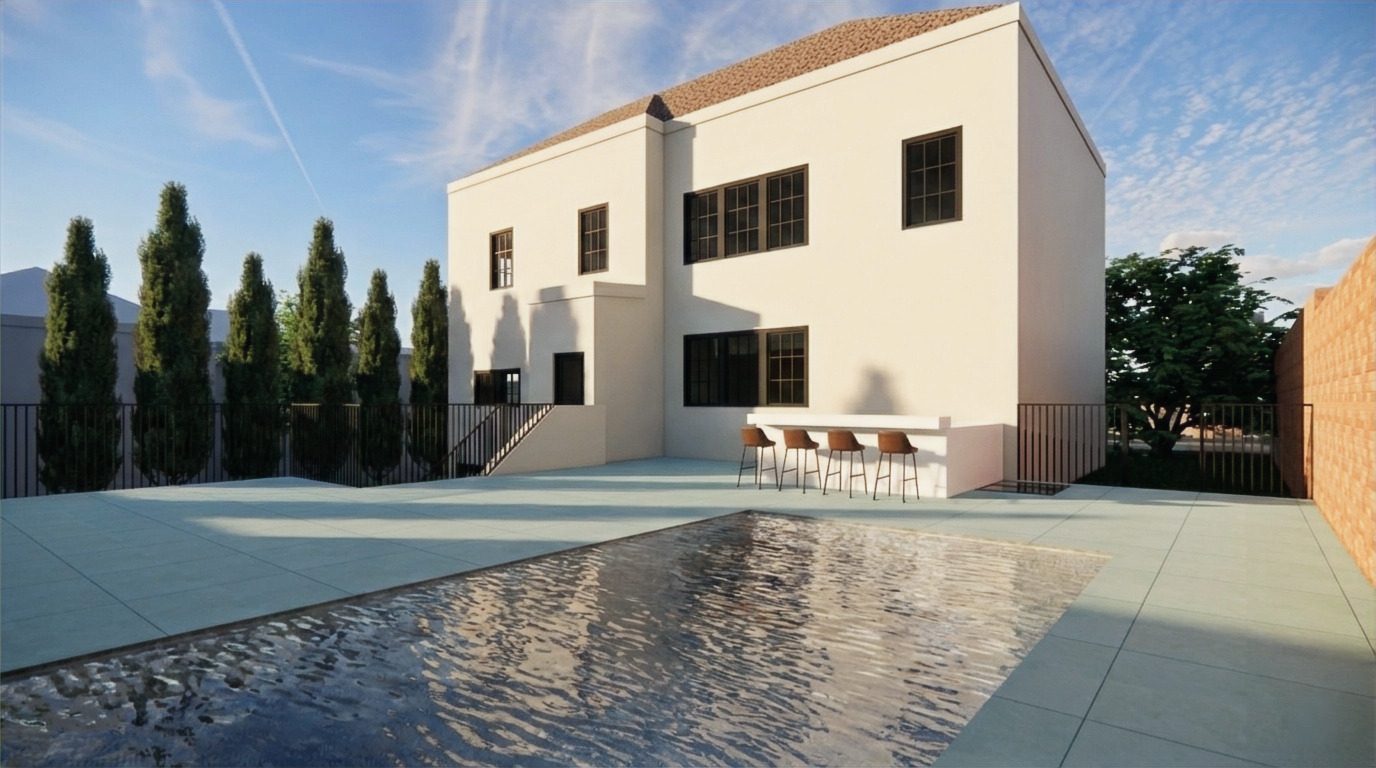 Rear terrace render: pool, paver deck, outdoor bar counter, 